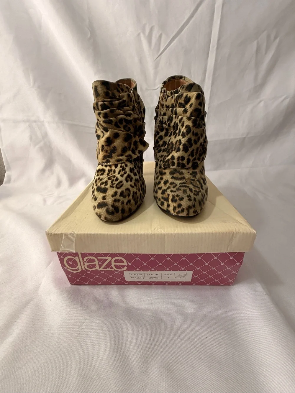 Glaze Leopard Print Ruched Ankle Booties in Tan and Black